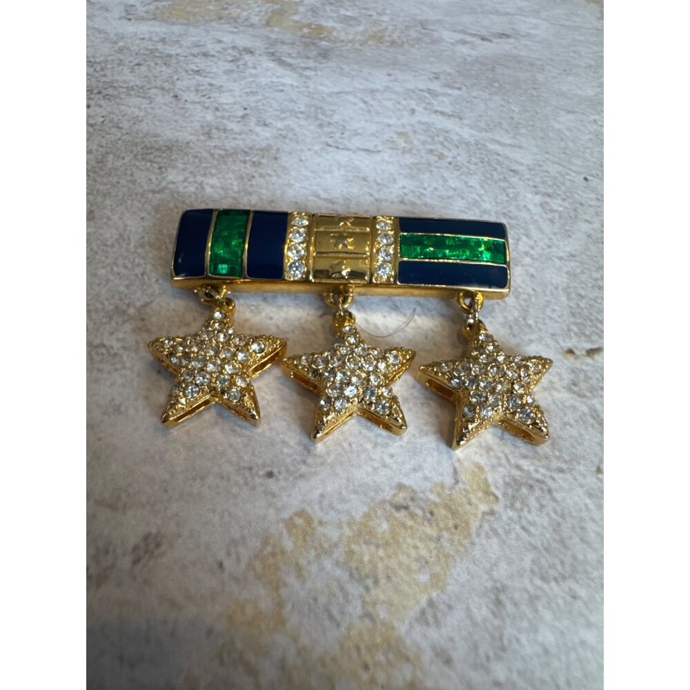 Vintage Carolee Green and Blue Enamel Bar Pin Rhinestone Stars